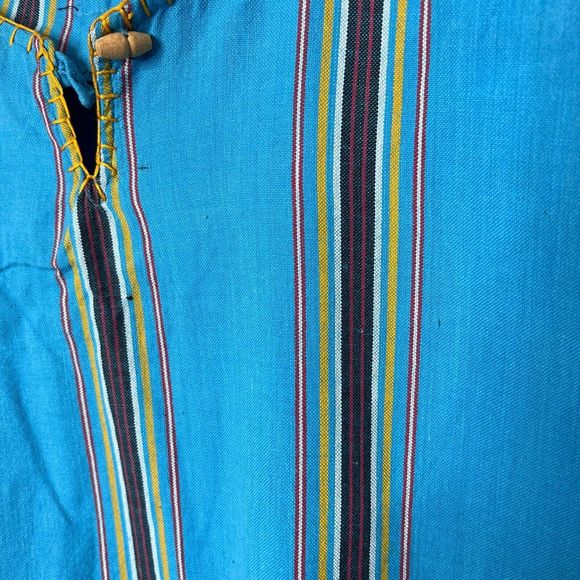 Shanzu Tunic Poncho Coverup Boho Fringe Striped Box Fit Blue Yellow Women's OS - Picture 4 of 8